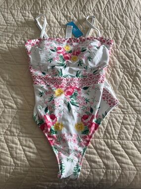 Women’s Floral One-Piece Swimsuit - White with Pink & Yellow Flowers